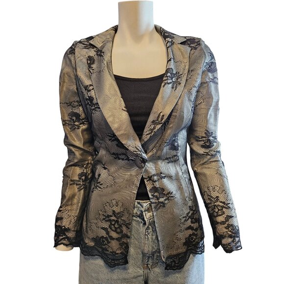 Vintage Orna Farho Black Lace Overlay Single Button Blazer Jacket Women Size T38 - Picture 11 of 16